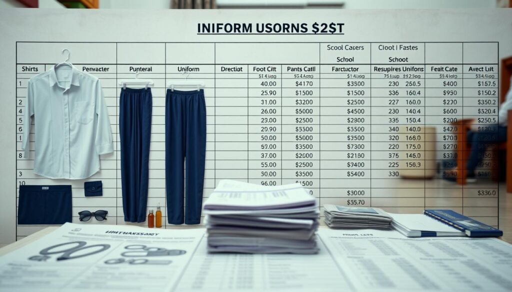 A meticulously detailed spreadsheet depicting the comprehensive breakdown of school uniform costs, laid out against a backdrop of a typical middle-class Indonesian household. The foreground showcases various uniform components - shirts, pants, skirts, and accessories - with precise pricing details. The middle ground features a stack of household bills, subtly hinting at the financial burden placed on families. The background softly depicts a humble, yet inviting domestic setting, evoking a sense of the everyday struggles faced by Indonesian families when it comes to affording school uniforms.