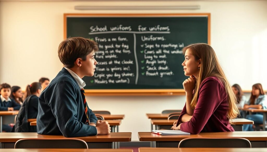A thought-provoking debate on school uniforms unfolds against a backdrop of a modern classroom. In the foreground, two students engage in a lively discussion, their expressions conveying both the pros and cons of the uniform policy. The middle ground features a chalkboard displaying a list of the arguments on both sides, creating a sense of structured deliberation. The background showcases the diverse perspectives of the classroom, with students observing the debate with varying levels of interest and engagement. The scene is illuminated by warm, natural lighting, reflecting the intellectual and emotional complexity of the issue at hand.