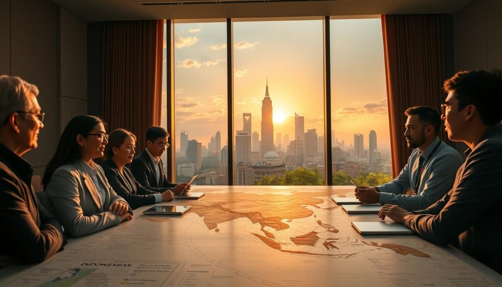 A dynamic and thought-provoking scene depicting the geopolitical implications of Indonesia's political stability. In the foreground, a group of diverse professionals in business attire engages in strategic discussions around a large table, covered with maps and digital devices reflecting Asia's political landscape. The middle ground reveals a large window overlooking Indonesia's iconic landmarks, such as the Jakarta skyscrapers and lush greenery, symbolizing growth and opportunity. In the background, soft clouds and a rising sun cast warm, golden light over the skyline, conveying optimism and hope for the future. The atmosphere is one of collaboration and focus, emphasizing the significance of Indonesia's role on the global stage. The perspective is slightly elevated, capturing the essence of leadership and engagement without any text or overlays.