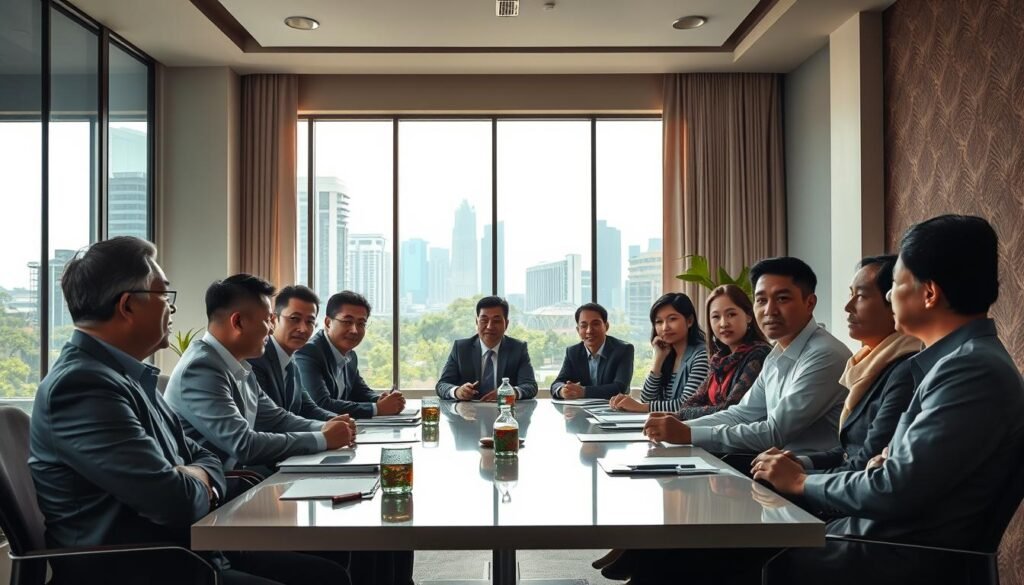 A dynamic scene depicting the current political stability in Indonesia, showcasing a diverse group of professionals engaged in a decisive discussion. In the foreground, a multi-ethnic group of men and women, dressed in professional business attire, are seated around a modern conference table, with serious expressions and focused body language. In the middle ground, large windows reveal an urban Jakarta skyline, featuring corporate buildings and lush greenery, symbolizing growth and modernity. The background includes subtle elements of traditional Indonesian culture, like batik patterns on the walls, creating a balanced contrast. Soft, natural lighting filters through the windows, casting a warm glow, which evokes optimism and collaboration. The atmosphere is serious yet hopeful, representing the current political climate and its prospects.